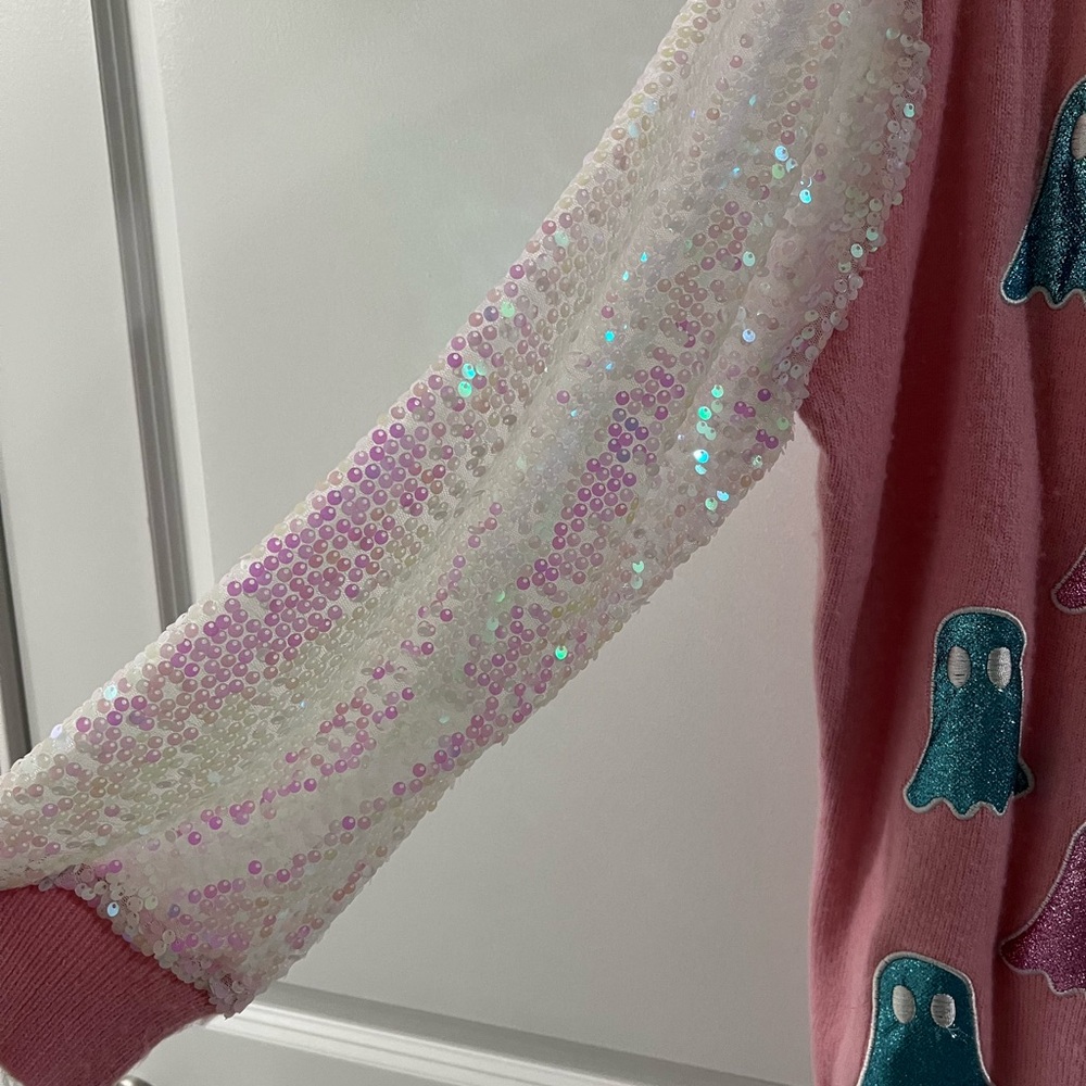Pink Ghost Patterned Sweater With Sequin Sleeves - image 4